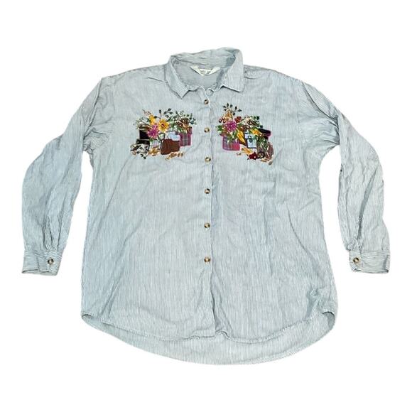 Victoria Jones Tops - Victoria Jones Embroidered Flowers Top Stripe 18 100% Cotton